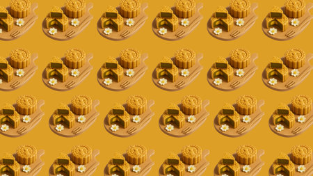 Seamless pattern of chinese mooncake on a yellow backgroundの素材