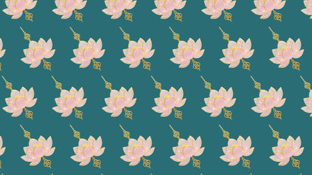 Seamless pattern with lotus flowers on turquoise backgroundの素材