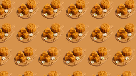 Seamless pattern with Chinese moon cakes on a brown background.の素材