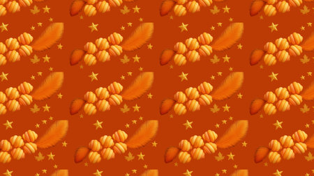 Seamless pattern with autumn leaves and stars on orange background.の素材