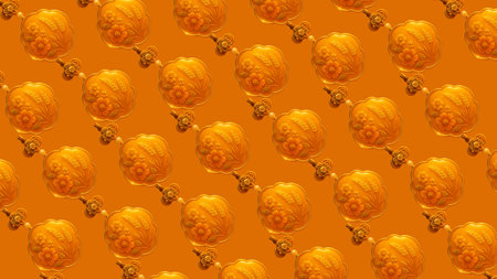 Seamless pattern of golden Chinese lanterns on orange background.の素材