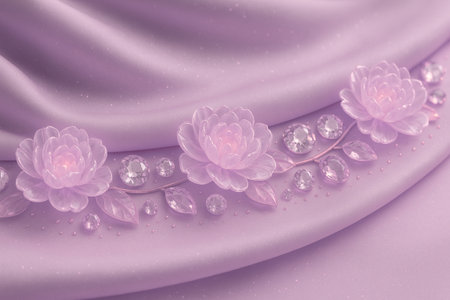 pink satin background with pearls and lotus flowers, 3d illustrationの素材