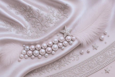 Beautiful pink satin background with pearls and white feathers.の素材