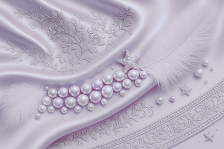 White pearls and white feathers on a pink satin background.の素材