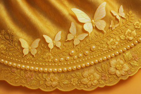 Butterfly and flower pattern on gold fabric background, Thailand.の素材