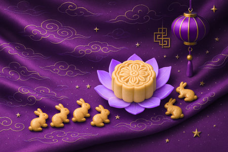 Mid-Autumn Festival moon cake and gingerbreads on satin backgroundの素材