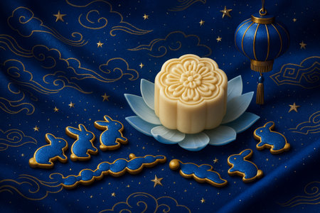 3d rendering of mooncake for Mid-Autumn Festival on blue silk backgroundの素材