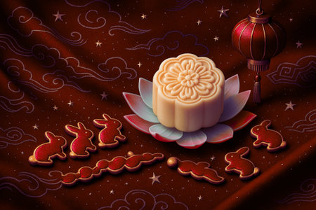 Mid Autumn Festival of the Moon cake and rabbit, 3D renderingの素材