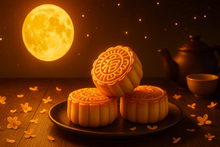 Moon cakes on wooden table with full moon background. Mooncake for Mid-Autumn Festival.の素材
