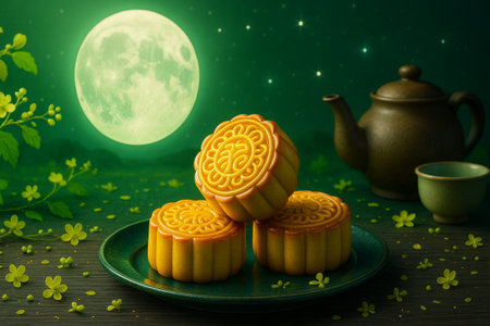 Moon cake for Mid-Autumn Festival with moonlight and green backgroundの素材