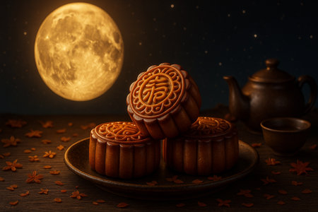 Moon cake for Mid-Autumn Festival, mooncake on moonlight backgroundの素材