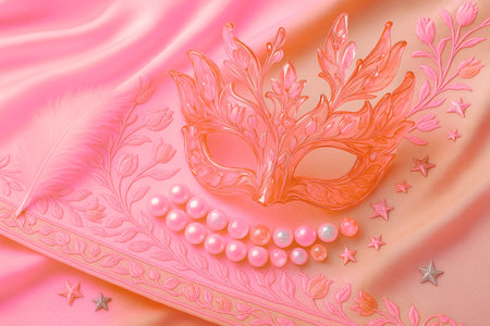 Carnival mask on pink silk background, closeup of photoの素材