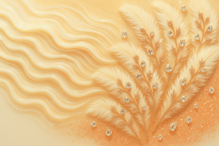 Spa and wellness background. Top view of white fluffy pampas grass on beige background.の素材