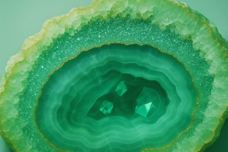 close-up view of agate crystals on green background with reflectionの素材