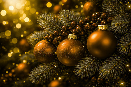 Christmas tree decoration with golden baubles on bokeh backgroundの素材