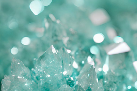 Close up of crystal on green background with bokeh effect.