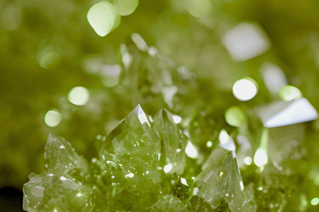 Close up of natural crystal gemstone on green background. Macro.のeditorial素材
