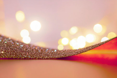 christmas background with red ribbon and bokeh lights, shallow dof