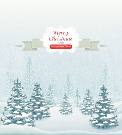 Merry Christmas and Happy New Year forest winter landscape with snowfall and spruces vector illustrationのイラスト素材