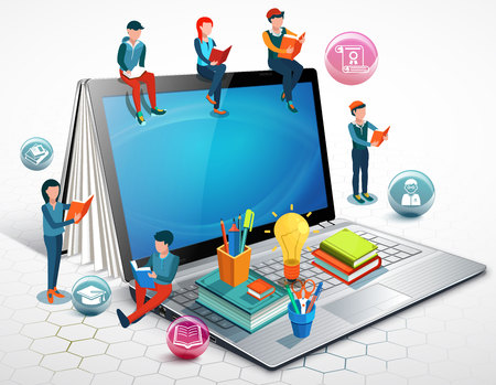 People are reading books sitting on a laptop. Online education concept. Vector illustration.のイラスト素材