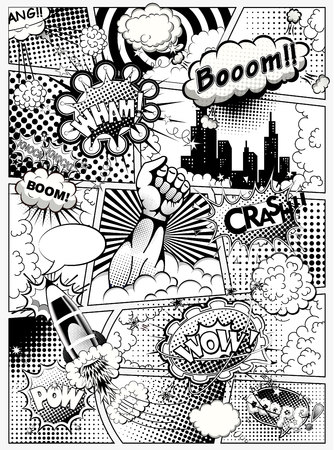 Black and white comic book page, superhero hand and sounds effect. Vector illustrationのイラスト素材