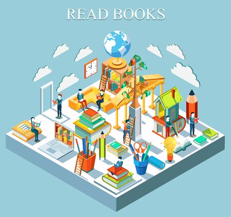 The concept of learning and reading books. Isometric flat design. Vector illustration.のイラスト素材