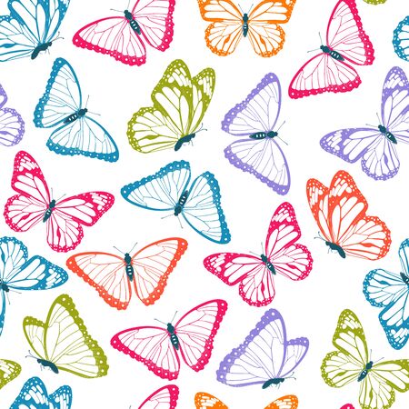 Color flying butterflies seamless pattern. Isolated on white background. Vector illustration.のイラスト素材