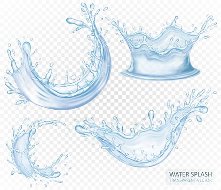 Realistic water splash set isolated on light transparent background. Blue liquid waves. Vector illustration design.のイラスト素材