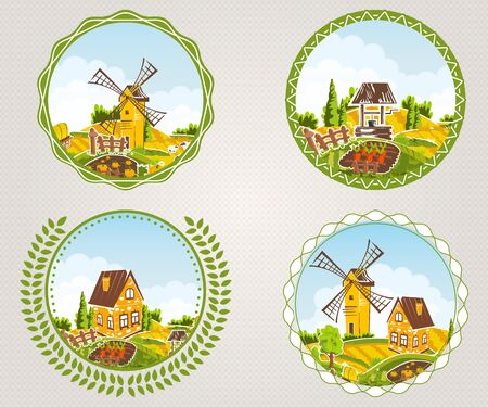Rural landscapes label set with village and fields symbols isolated vector illustrationのイラスト素材