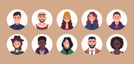 People avatar bundle set. User portraits. Different human face icons. Male and female characters. Smiling men and women characters. Flat cartoon style vector illustrationのイラスト素材