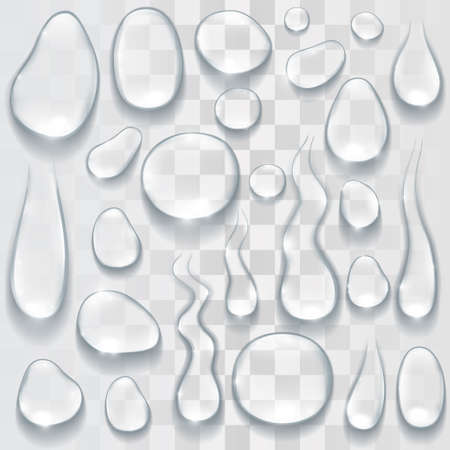 Water drops realistic isolated set on transparent background. Vector illustrationのイラスト素材