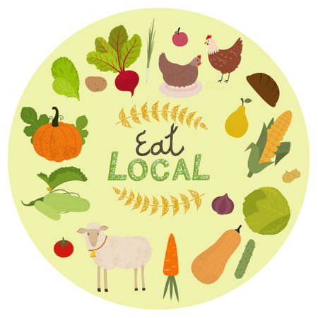 Local organic production icons set. Farm animals, fruits and vegetables isolated vector illustration.のイラスト素材