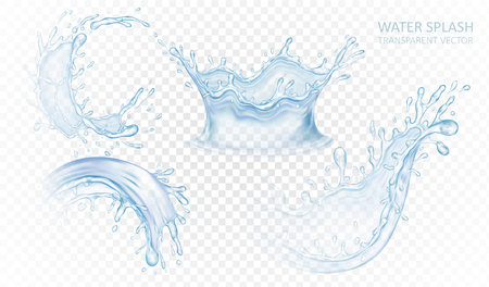 Realistic water splash set isolated on light transparent background. Blue liquid waves. Vector illustration design.のイラスト素材