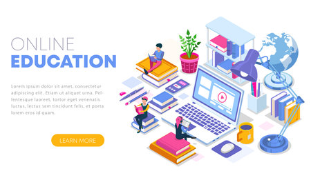 Modern flat design isometric concept of Online Education. Landing page template. Training courses, specialization, tutorials, lectures. Can use for web banner, infographics, and website. Vectorのイラスト素材