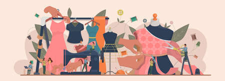 Fashion or clothes designer concept. Tiny tailor masters sewing clothes and working with a mannequin. Designing new collection in sewing studio. Dressmaker working on sewing machine. Vector.のイラスト素材