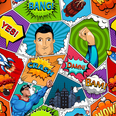 Comic book page divided by lines seamless pattern with speech bubbles, rocket, superhero and sounds...