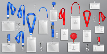 Set of realistic badges id cards on blue and red lanyards with strap clips, cord and clasps vector...