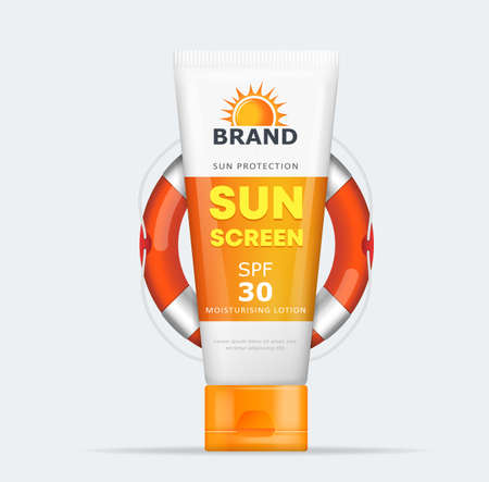 Sunblock tube lotion cream. Sunscreen musturizing cream package vector illustrationのイラスト素材