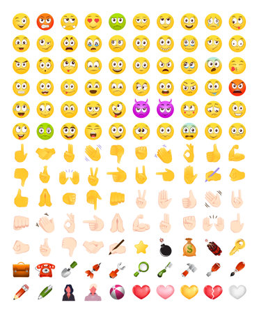 Face and hand emoji set isolated on white background vector illustration. Smile icons collection.のイラスト素材