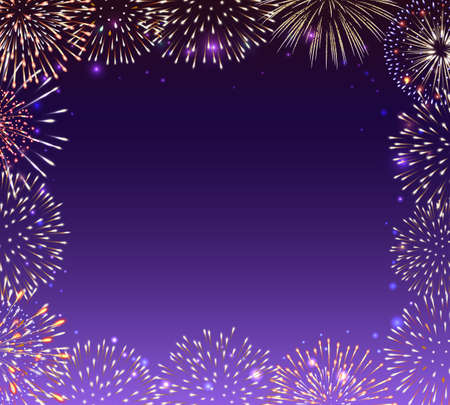 Festive banner with fireworks, frame and place for text in the middle, invitation to a holiday. Vector illustrationのイラスト素材