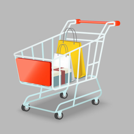Shopping cart with bags and gift box. Vector 3d illustrationのイラスト素材