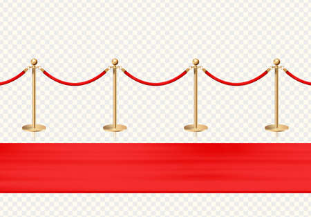 Red carpet and golden barriers front view. Realistic isolated fence on transparent background. Vector illustration.のイラスト素材