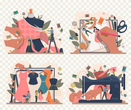 Fashion designer makes a sketch of clothes. Designing new collection in sewing studio. Clothing design concept. Creative atelier profession. Vector illustrationのイラスト素材