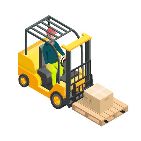 Isometric forklift isolated on white with driver. vector illustrationのイラスト素材