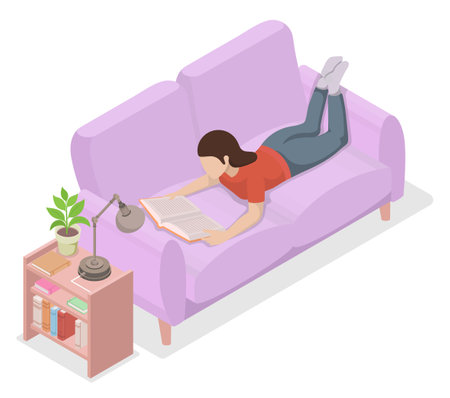 Woman reading a book lying on her stomach on a cozy sofa isometric vector illustration.のイラスト素材