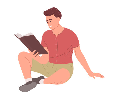 Happy man reading a book sitting on the floor. Education hobby concept. vector illustrationのイラスト素材