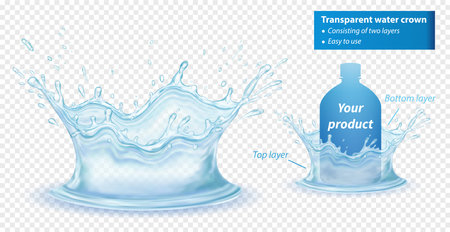 Transparent realistic water crown consisting of two layers. Blue liquid splash with drops. isolated vector illustrationのイラスト素材