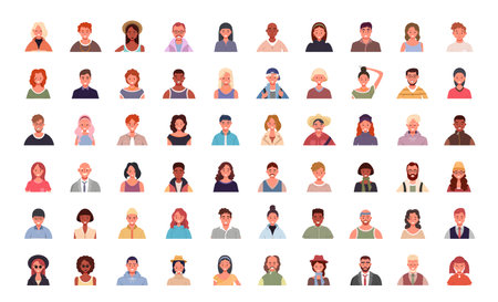 Set of various people avatars. user portraits. Different human face icons. Male and female characters. Smiling men and women. Flat cartoon style vector illustrationのイラスト素材
