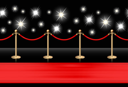 Red carpet on the floor and golden barriers with sparkling spotlights. Realistic isolated fence with rope on black background. vector illustration.のイラスト素材