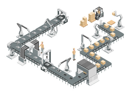Robotic assembly line in an automated factory. Conveyor system and robotic arms. Isometric vector illustration.のイラスト素材
